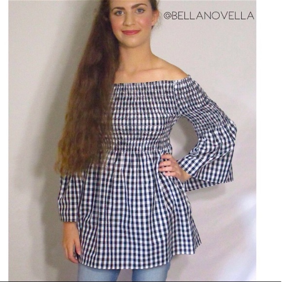 🔴 Gingham Off The Shoulder Bell Sleeve Tunic NWT by Max Studio - Picture 5 of 8